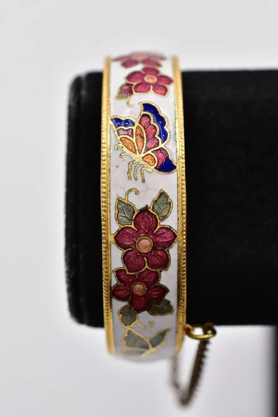 Vintage Cloisonne Enamel Floral Butterfly Gold Tone Hinged Bangle Bracelet BinBR